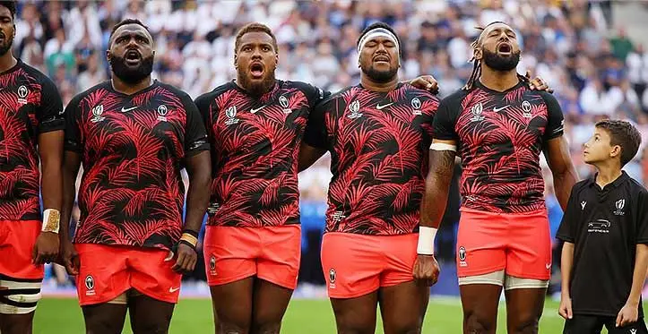 Flying Fijians players (from left) Luke Tagi, Tevita Ikanivere, Eroni Mawi and captain Waisea Nayacalevu sing the national anthem prior to their Rugby World Cup France quarter-final against England at Stade Velodrome on October 16, 2023 (Fiji time) in Marseille, France. Photo: World Rugby