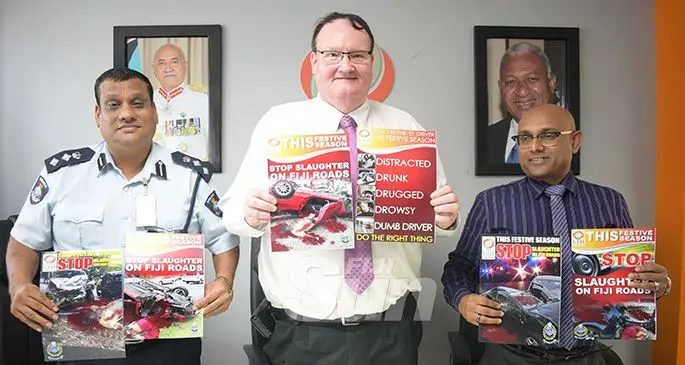 From left-Director Traffic Senior Superintendent of Police Mahesh Mishra, Land Transport Authority has appointed Samuel Simpson and  ACCF chief executive officer Parvez Akbar while launching their festive session campaign on December 10, 2019. Photo: Ronald Kumar.