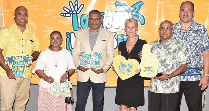 From left: Tourism Fiji’s Thomas Valentine, Nadi Special Administrator Manorma Khan, Minister Faiyaz Koya, Nadi Town Administrator chair Debra Sadranu, Nadi Chamber of Commerce and Industry president Dr Ram Raju, Nadi Town Council chief executive officer Craig Powell at the Nadi Handicraft Centre on June 12, 2020. Photo: Waisea Nasokia