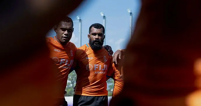 Fiji Airways Flying Fijians (facing camera from left) Leone Nakarawa and captain Dominiko Waqaniburotu during a training session in Osaka, Japan, on October 1, 2019. Nakarawa and Waqaniburotu have been named in coach John McKee’s line-up against Georgia tomorrow at the Hanazono Rugby Stadium in Higashiosaka City.   Photo: Bruce Southwick/ZoomFiji