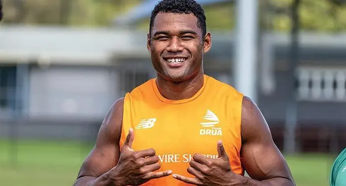 Robust Swire Shipping Fijian Drua loose forward Raikabula Momoedonu during their training session. The former Fijian Under-20 captain has recovered in time to start on the bench in tonight’s clash against the Crusaders in Christchurch, New Zealand. Photo: Fijian Drua