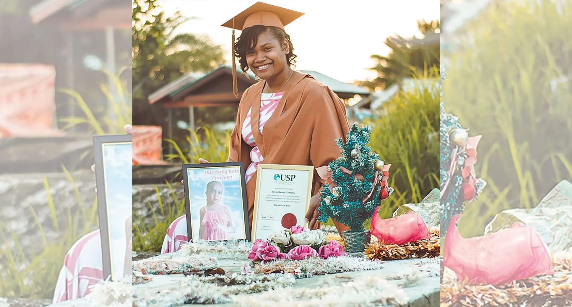 Sarote Tunidau with her certificate and a picture of Precious Susan Elizabeth Rose Daurewa beside her late sister’s grave after her graduation. Photo:Ana masere