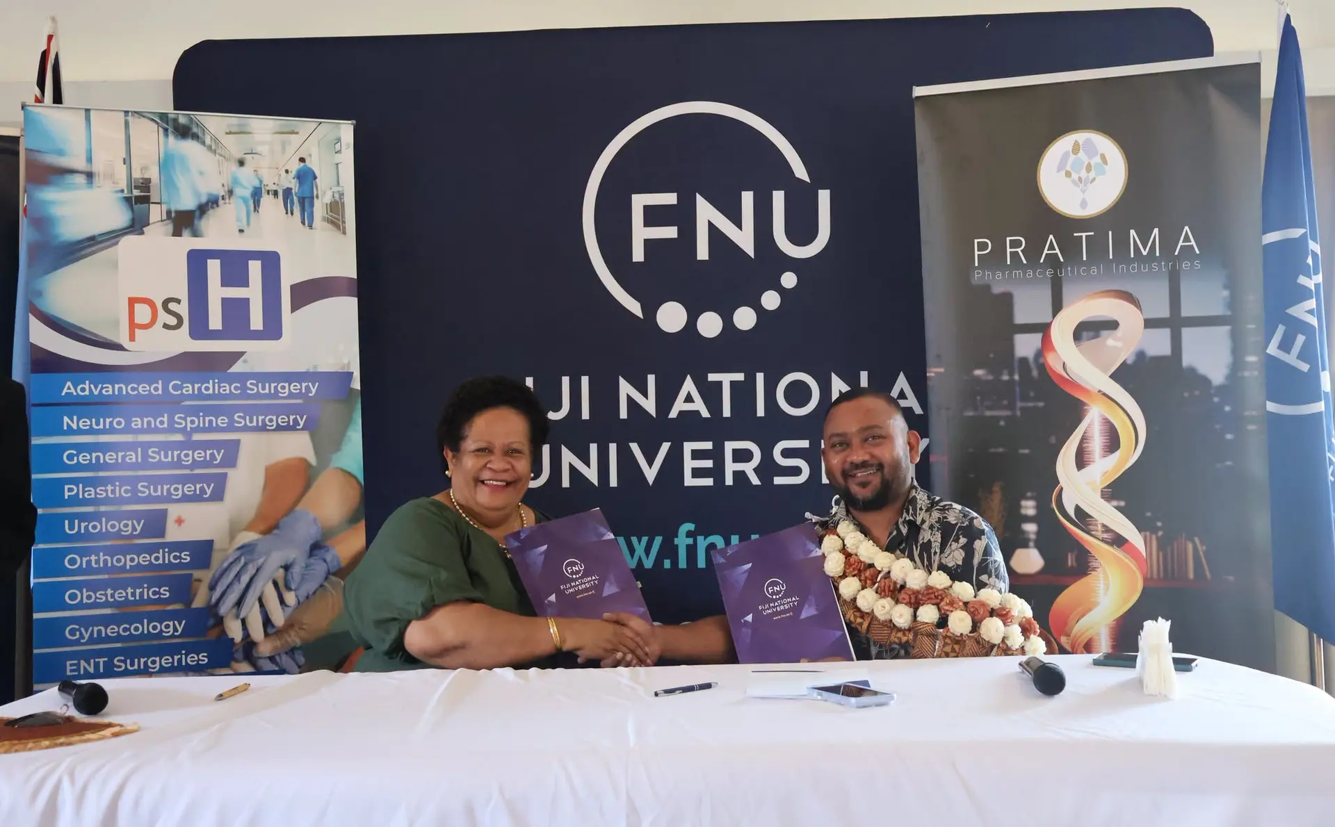 Fiji National University Vice-Chancellor Professor Unaisi Nabobo-Baba and Pacific Specialist Hospitals founder Parvish Kumar.