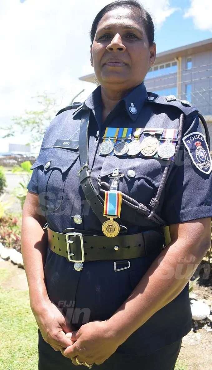 Inspector Savita Datt after receiving 50th anniversary of Independence commemorative Medal from President Jioji Konrote  at Police Nasova ground on November 13, 2020. Photo: Ronald Kumar.