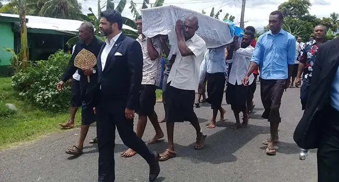 Aiyaz Sayed-Khaiyum  (front left) leading the coffin of the late Inoke Dramai who was a FijiFirst party volunteer in the West in Korovou, Tavua on February 28, 2019. Photo: Rohit Kumar