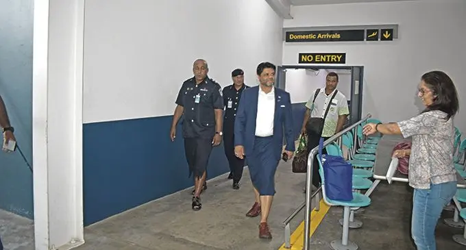 Attorney-General and Minister for Economy, Aiyaz Sayed-Khaiyum, in Nadi, after the inaugural Rotuma For The Day package flight in Nadi, on October 24, 2020. He is greeted by Fiji Airways Executive General Manager,  Customer Experience, Corporate Affairs and Fiji Link Shaenaz Voss. Photo: Mereleki Nai