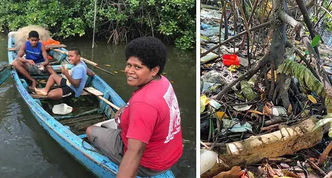 Teresia Kanadola (right), with her son 15-year-old son Miliano Yavala (left),  and 10-year-old nephew, Lasaro Yavala.  (R)Plastic waste and other  materials getting caught among the mangroves up the Bailey Bridge river  at Laucala Beach, Suva. Photo: Kelera SovasigaTuisawau