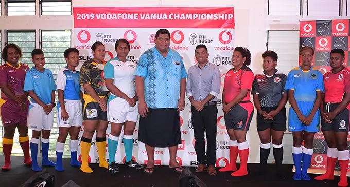 Women representatives from the 11 Vanua Unions with Fiji Rugby Union chief executive officer John O’Connor (sixth from left) and Vodafone head of e-commerce and corporate affairs Shailendra Prasad during the official launch of the 2019 Vodafone Vanua Championship at Albert Park, Suva on April 10, 2019. Photo: Ronald Kumar