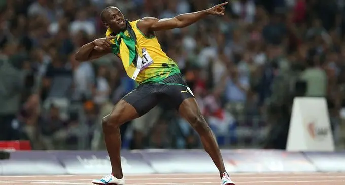Usain Bolt with his signature victory pose.