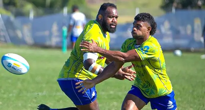 Fijian Drua prop Mesake Doge and halfback Simione Kuruvoli. Photo: Fijian Drua Media