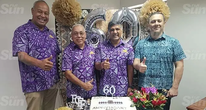 Standing from left: Fiji Commerce and Employers Federation (FCEF)chief executive officer Kameli Batiweti, former FCEF CEO Nesbitt Hazelman, FCEF president Sandeep Chauhan, and International Labour Organisation director Matin Karimli during the organisation’s 60th anniversary in Suva on September 5, 2020. Photo: Lusiana Tuimaisala