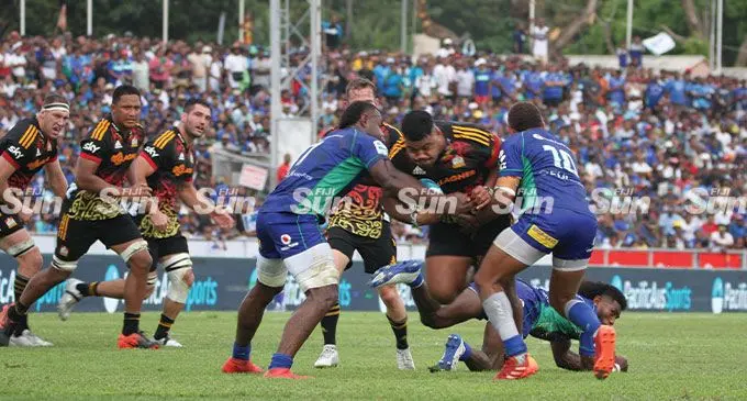 PHOTO CAPTIONS: Action from the Super Rugby Pacific clash between the Swire Shipping Fijian Drua and the Chiefs at Churchill Park, Lautoka, on May 28, 2022. Photo: Waisea Nasokia