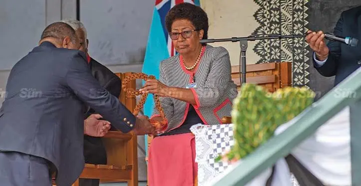 The Gone Marama Bale na Roko Tui Dreketi, Ro Teimumu Kepa, receives the matanigasau (traditional apology) from the Native Lands Commission's acting chairman, Apimeleki Tola, who presented the apology on behalf of the Government to the vanua during the opening of the Great Council of Chiefs on Bau Island on May 24, 2023. Photo: Leon Lord