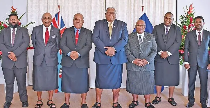 From left: Resident Magistrate Krishan Prasad, Justice of Appeal of the Court of Appeal Filimone Jitoko, Acting Chief Justice Salesi Temo, President Ratu Wiliame Katonivere, Justice of Appeal of the Court of Appeal Isikeli Mataitoga, Acting Puisne Judge Justice Usaia Ratuvili and Acting Master Liyanage Kashyapa Wickramasekara, at State House on March 23, 2023. Photo: DEPTFO News