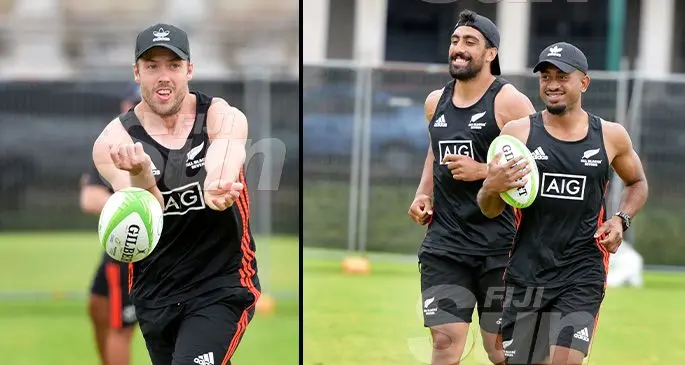 New Zealand wing, Tim Mikkelson, Fiji born New Zealand sevens reps Amanaki Nicole (left) and Akuila Rokolisoa during training at Albert Park for Oceania Sevens Championship on November 5, 2019. Photo: Ronald Kumar