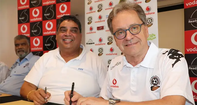 Fiji Football Association president Rajesh Patel and new Vodafone Fijian national football team coach Flemming Serristslev. Photo: Fiji FA Media