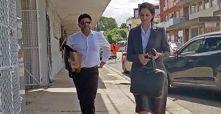From left: Former Attorney-General Aiyaz Sayed-Khaiyum with his lawyer Gul Fatima outside the Criminal Investigations Department headquarters in Toorak, Suva on March 30, 2023. Photo: Ashna Kumar