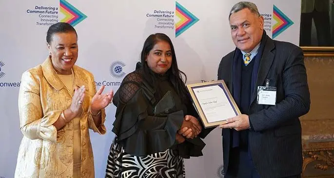 From left: Commonwealth Secretary-General Patricia Scotland, Sagufta Janif and Fiji’s High Commissioner to United Kingdom, Jitoko Tikolevu, during the Commonwealth Youth Awards Ceremony in London.