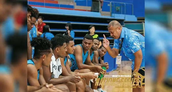 Fiji men’s netball head coach Jioweli Vakamoce talks to his team during the Men’s Nations Cup in Singapore last month. Vakamoce is the interim Pearls head coach. Photo: Nations Series