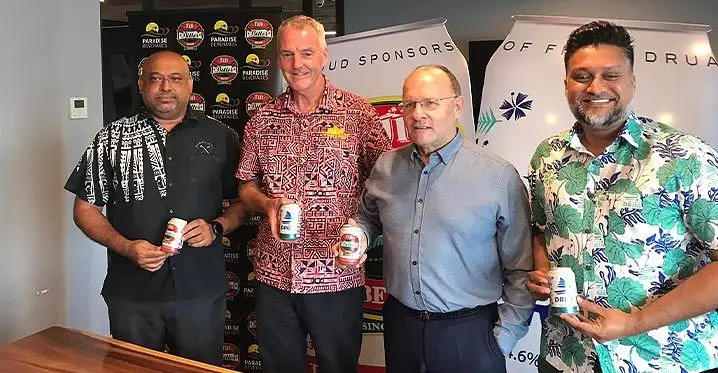 From left: Paradise Beverages chief finance officer Vinish Singh, general manager Mike Spencer, Fijian Drua chief executive officer Mark Evans and head of commercial and marketing Shane Hussein at the Paradise Beverages head office in Walu Bay, Suva on February 21, 2023. Photo: Sereana Salalo