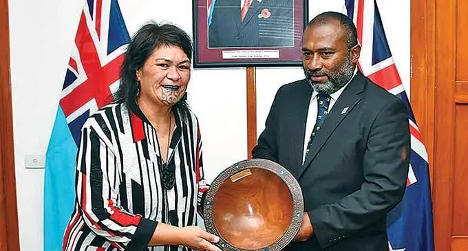 Visiting New Zealand Foreign Affairs Minister Nanaia Mahuta receives a gift from the Fijian Minister for Health and Medical Services Dr Ifereimi Waqainabete.  Photo: DEPTFO News