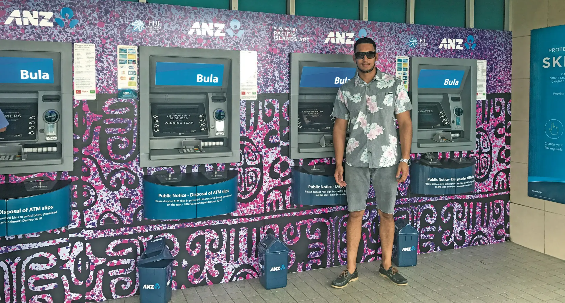 Pacific Islands Art (PIA) managing director Tehau Guyot infront of the PIA design ATMs at ANZ House in Suva . Photo: Maraia Vula 