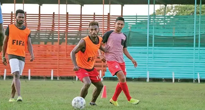 Labasa striker Siotame Kubu controls the ball away from midfielder Ashnil Raju during training at Subrail Park, Labasa, on October 20, 2020.  Photo: Fiji FA Media