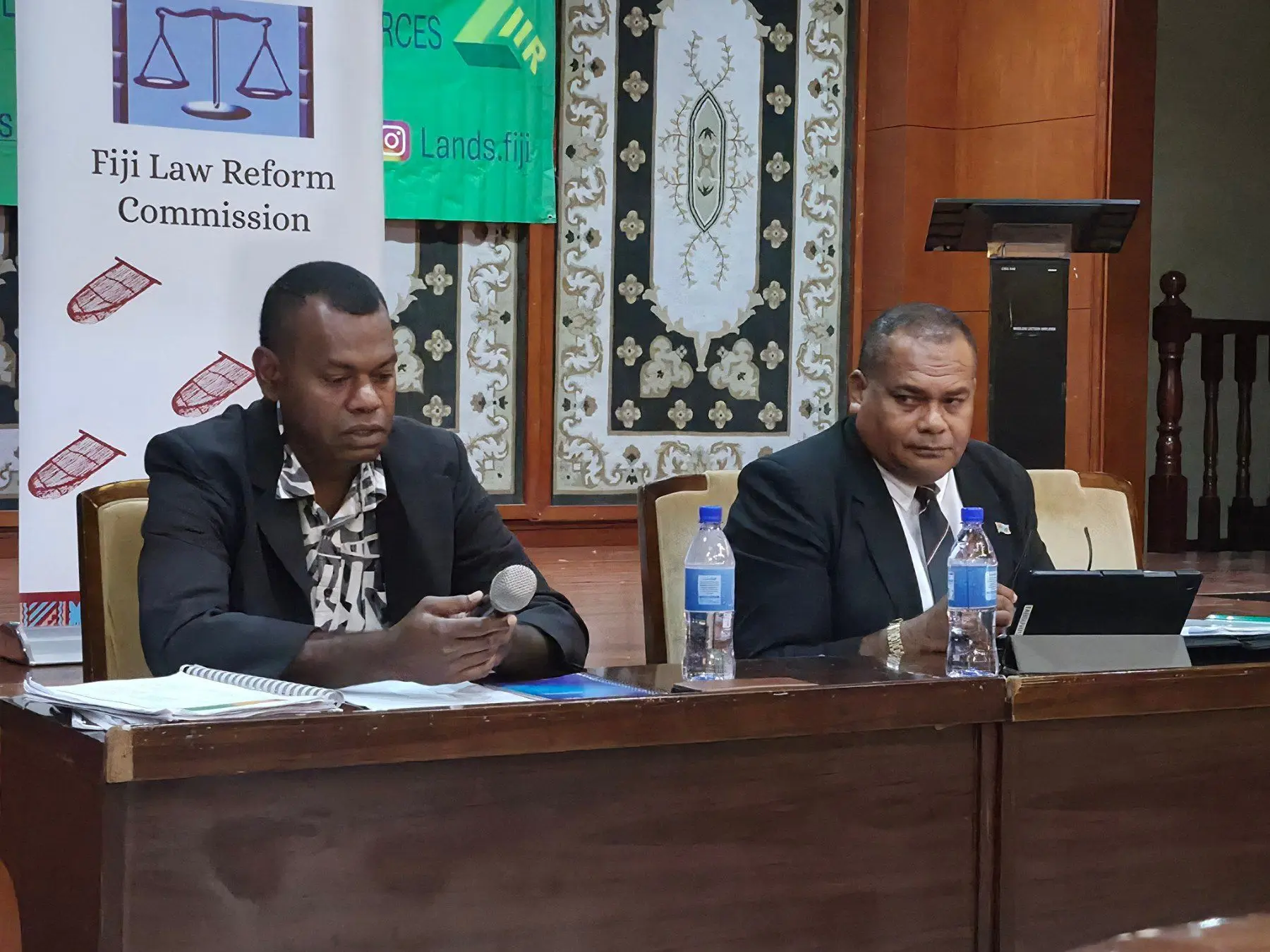 Fiji Law Reform Commission Commissioner Orisi Verebalavu and Deputy Secretary of the Ministry of Lands and Mineral Resources Timoci Samisoni.