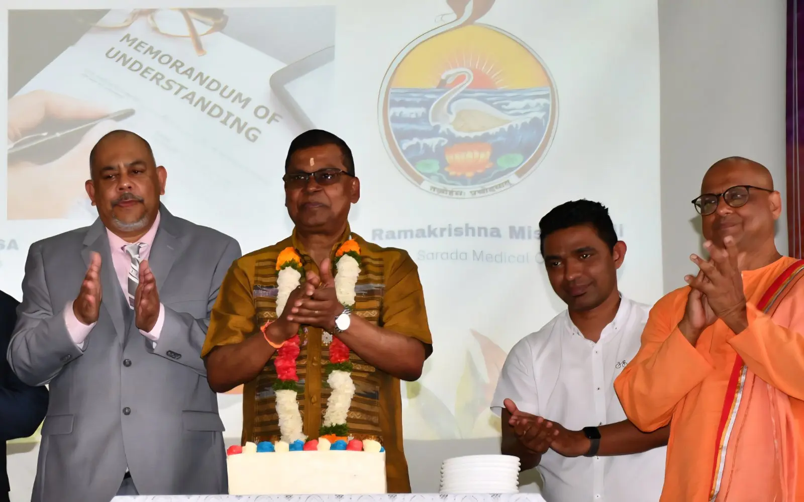 (From left) South Pacific Relief Fund chief executive officer Daven Kumar, Deputy Prime Minister Biman Prasad, Sub-Divisional Medical Officer Dr Amos Zibran and Swami Bhadreshananda at the launch.