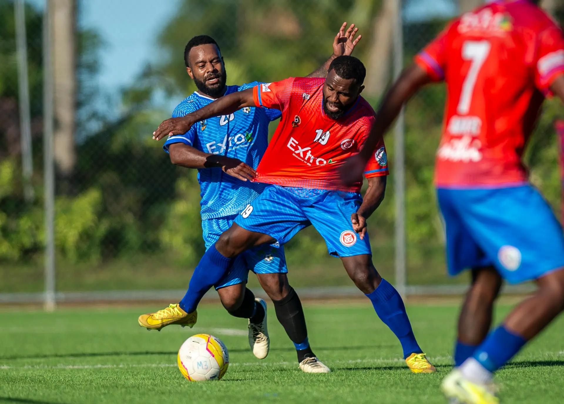 Navua’s Filipe Baravilala defends against Lautoka during their Extra Premier League clash at the Uprising Sports Centre  in Pacific Harbour, Deuba, on July 12, 2026. Navua won 2-1.  Photo: Leon Lord