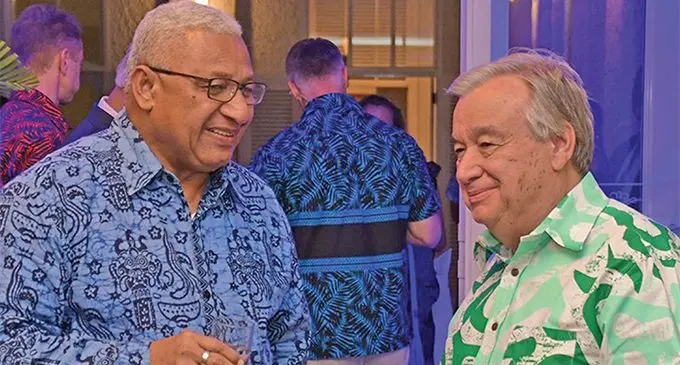 Prime Minister Voreqe Bainimarama with United Nations Secretary-General Antonio Guterres at the Grand Pacific Hotel on May 16, 2019. Photo: DEPTFO News