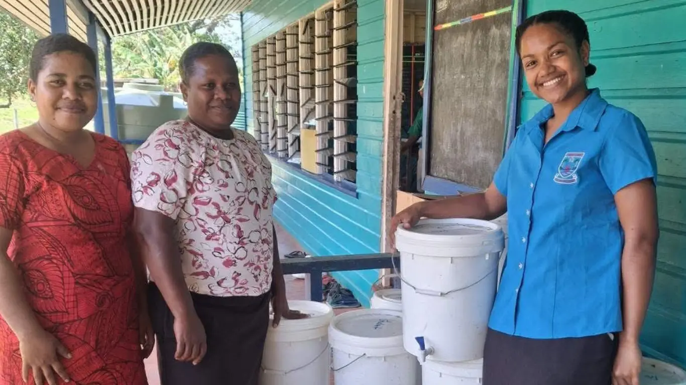Teachers of Cikobia District School on Cikobia Island in Macuata with drinking water supplies on October 20, 2026. 