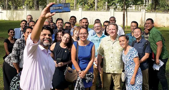Attorney-General and Minister for Economy Aiyaz Sayed-Khaiyum captures the moment with Lasse Melgaard, World Bank resident representative for South Pacific and participants of Jobs for Nature 2.0 project launch on June 14, 2022. Photo: Ronald Kumar