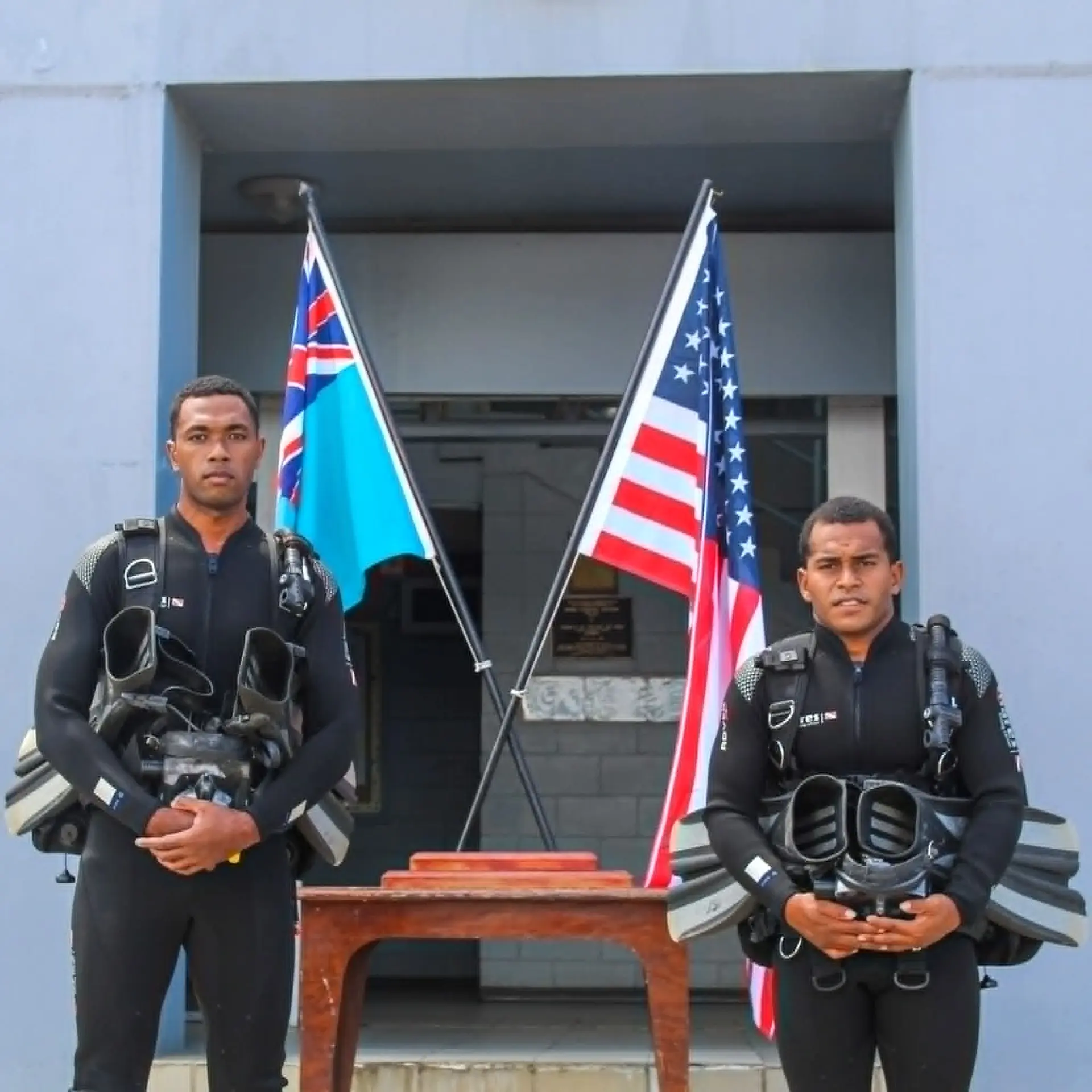 Ratu Ligani Bulidreketi with his dive buddy Ratu Tuvitu Damudamu.