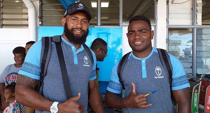 Waisea Nayacalevu and Filipo Nakosi at the Nausori  Airport this morning. Photo: Fiji Rugby