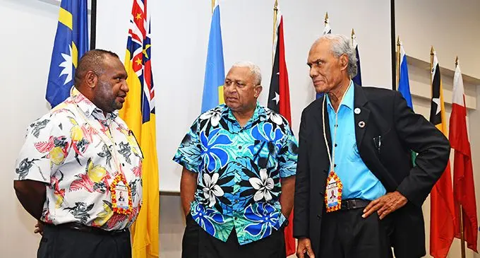 From left: Papua New Guinea Prime Minister James Marape, Prime Minister Voreqe Bainimarama and the Tongan Prime Minister ‘Akilisi Pohiva at the Pacific ACP leaders meeting on August 13, 2019.  Photo: Ilaijia Ravuwai