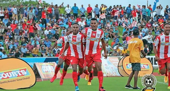 Labasa goal scorer Anare Apenisa (left) and Akeimi Ralulu celebrate at the ANZ Stadium in Suva on October 10, 2020.  Photo: Ronald Kumar