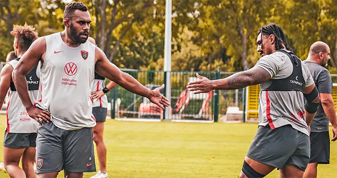 Veteran Fijian lock forward Leone Nakarawa (left) during training with his Toulon club in France. Nakarawa is a definite starter for the Flying Fijians’ November Test matches . Photo: Toulon Rugby