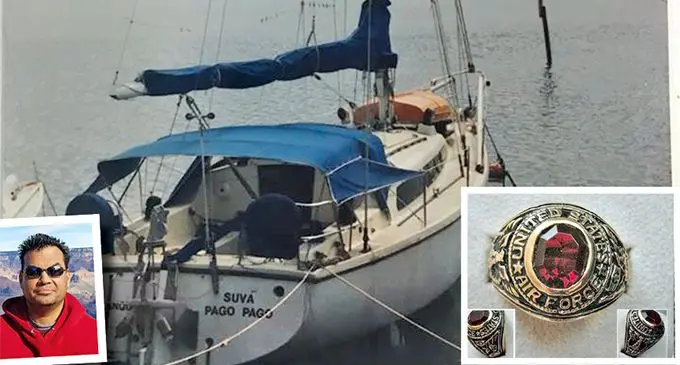  Bob Amos’ yacht. INSET: Bob Amos’ son Vernon Amos. Right, Bob Amos’ World War II ring.