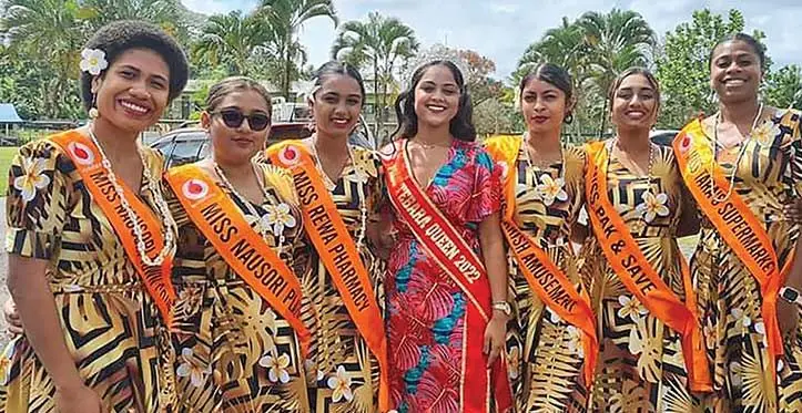 Vodafone Tebara Carnival queen contestants from left: Miss Nausori Town Council Ana Lule Raogo, Miss Nausori Plaza Priyashna Payal Prasad, Miss Rewa Pharmacy Nitika Neha, Miss Tebara Carnival 2022 (Miss Pehnawa, Shereen Lata), Miss Krish Amusement Shaiya Siya Kumar, Miss Pak N Save Supermarket Faaizah Shahina and Miss Taras Supermarket Vasenai Rabo.
