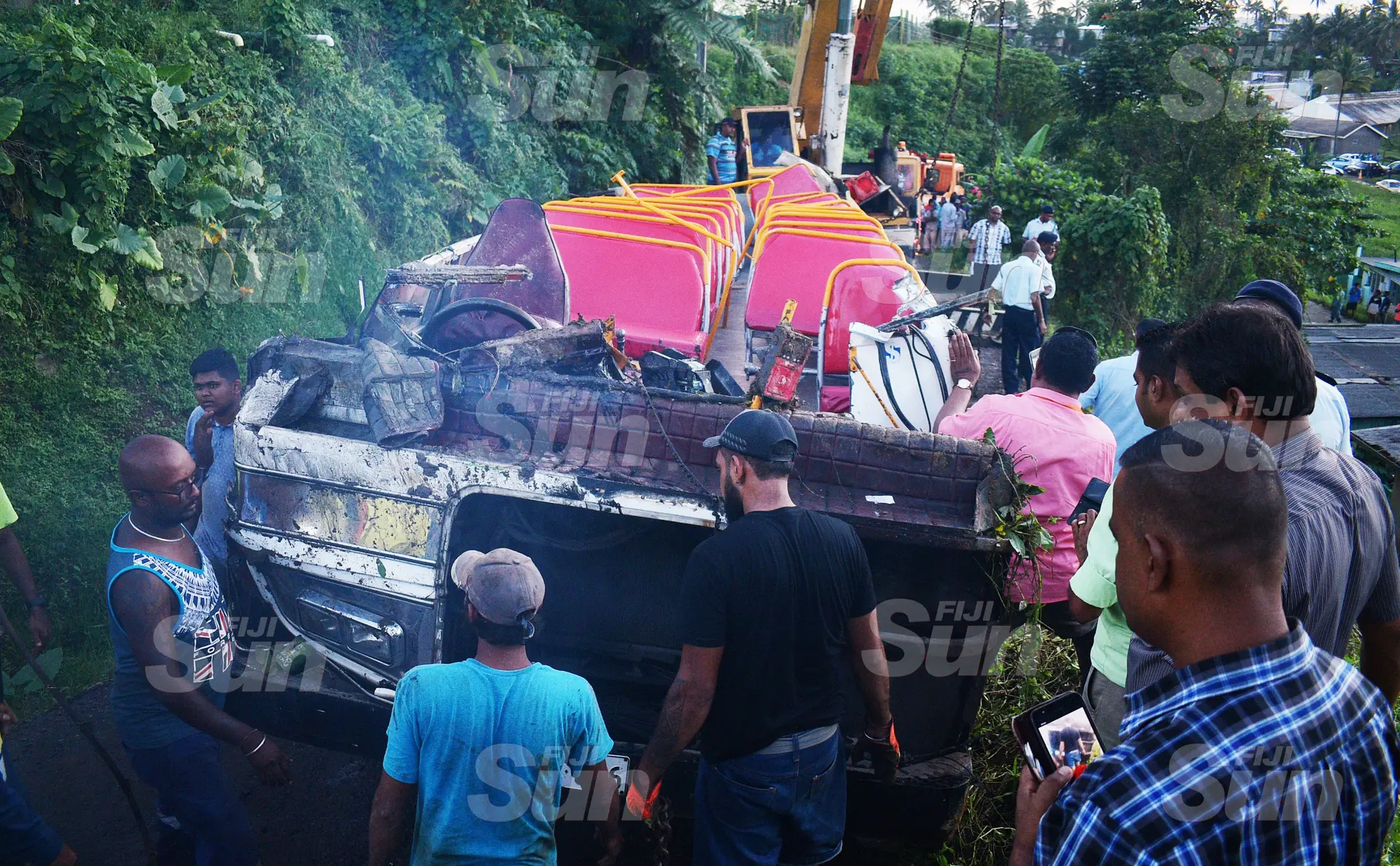 What was left of the Zakreen Holding Limited bus after being pulled out from the crash scene at Lakena Hill, Nausori, on October 9, 2019. Photo: Ronald Kumar.