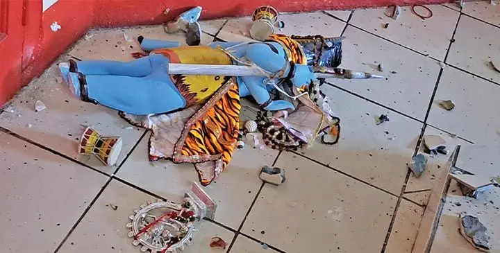 Hindu religious ornaments broken and scattered an the Shiv Mandir Temple in Samabula, Suva.