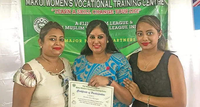 From left:  Mohini Ram, Renuka Narayan and Angee Ram during the graduation at the Makoi Vocational Women’s Centre.  Photo: Kelera Sovasiga