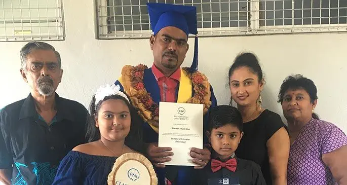 Avinesh Deo with his family after the Fiji National University graduation at the Civic Centre in Labasa on March 19, 2020 Photo: Renu Radhika