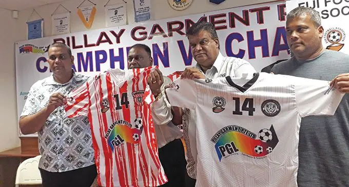 From left: Labasa team manager,Praveen Karan, Pillay Garments managing director, Narendra Pillay, Fiji FA chief executive officer, Mohammed Yusuf and Suva FC vice president, Sunil Karan, during the launch of the Champion versus Champion series at Fiji FA headquarters, Vatuwaqa, Suva, on February 15, 2021. Photo: Sereana Salalo