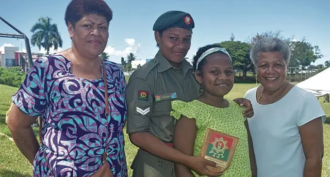 Corporal Penina Sukamaivanuavou (second from left) with her aunt, Siteri Sosiceni (left), her mum, Kelera Masi (right) and her daughter, Deborah Tokalauvere (front) at the AFL grounds in Namaka, Nadi on April 3, 2019. ACHIEVEMENT Photo: Nicolette Chambers