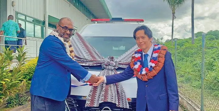 the donated CT scanner on April 30, 2025. Photo: Rariqi Turner Japanese Ambassador Rokuichiro Michii(right), and Minister for Health Dr Ratu Atonio Lalabalavu at the handover of medical equipment and ambulances on April 20,2025.
