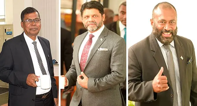 From (R)- National Federation Party Leader Biman Prasad. (M)- Attorney-General and Minister for Economy Aiyaz Sayed-Khaiyum. (L)- Minister for Health and Medical Services, Dr Ifereimi Waqainabete.