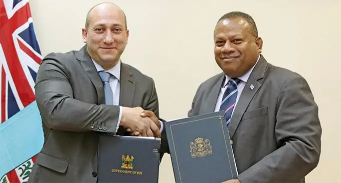 Fiji’s Minister for Defence, National Security and Foreign Affairs, Inia Seruiratu and the Georgian Deputy Minister of Foreign Affairs, Alexander Khvtisiashvili. Photo: DEPTFO News