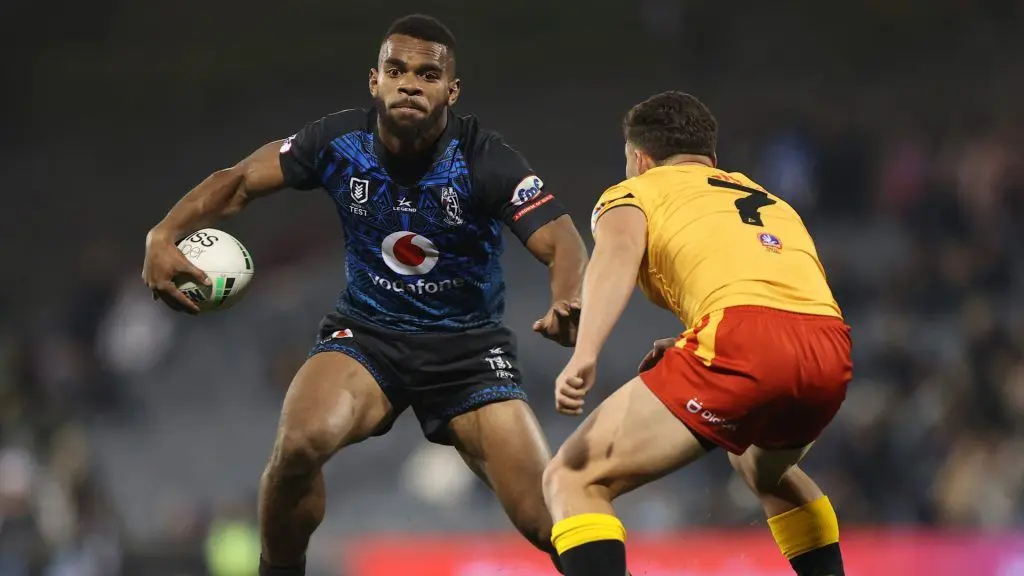 Vodafone Fijian Bati fullback Sunia Turuva (with ball) was the star of the Pacific Test match against Papua New Guinea Kumuls at Campbelltown Sports Stadium, Sydney, Australia, on June 25, 2022. Photo: Fox Spo